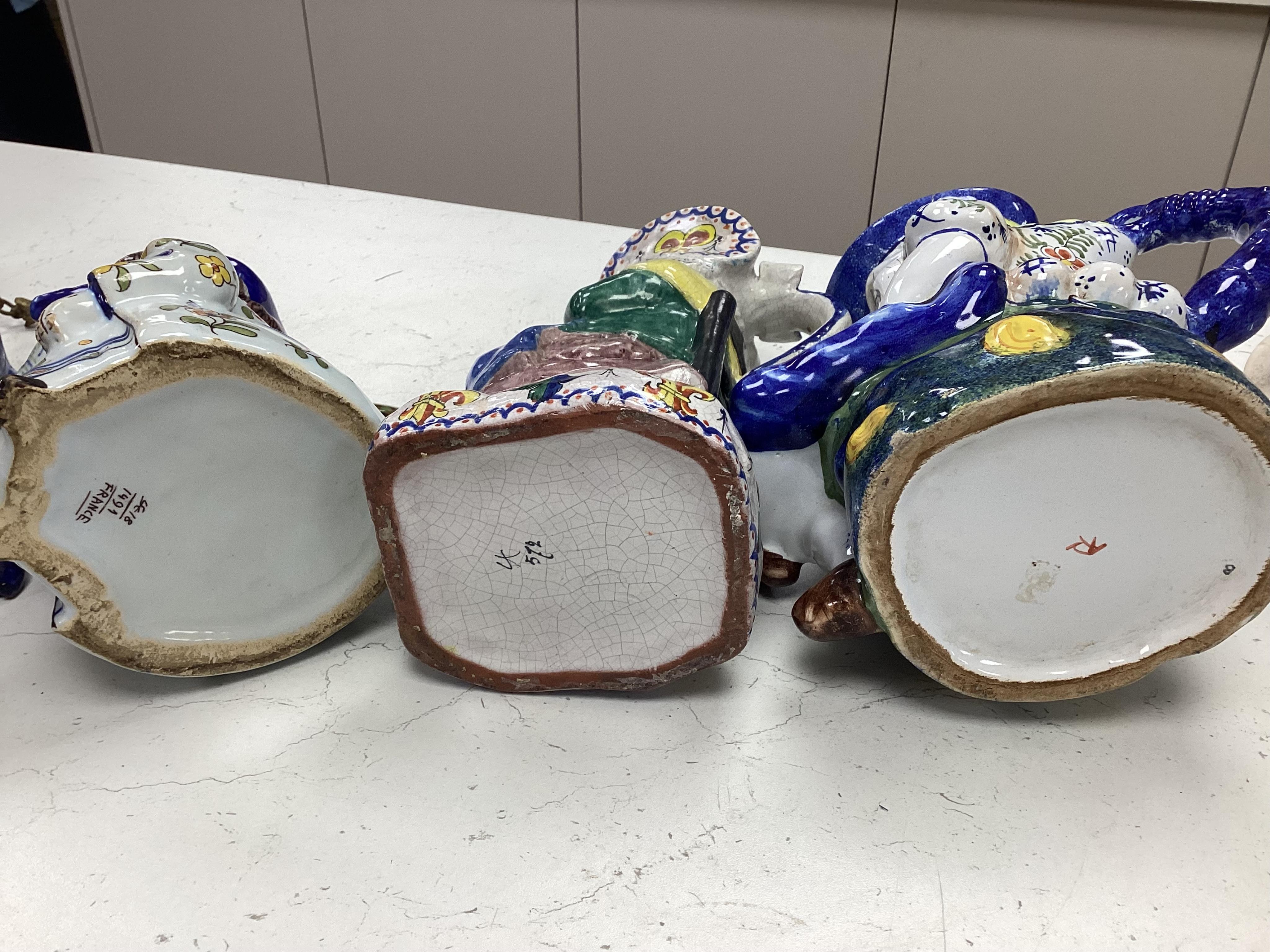 A group of five pieces of French tin glazed pottery, tallest 32cm